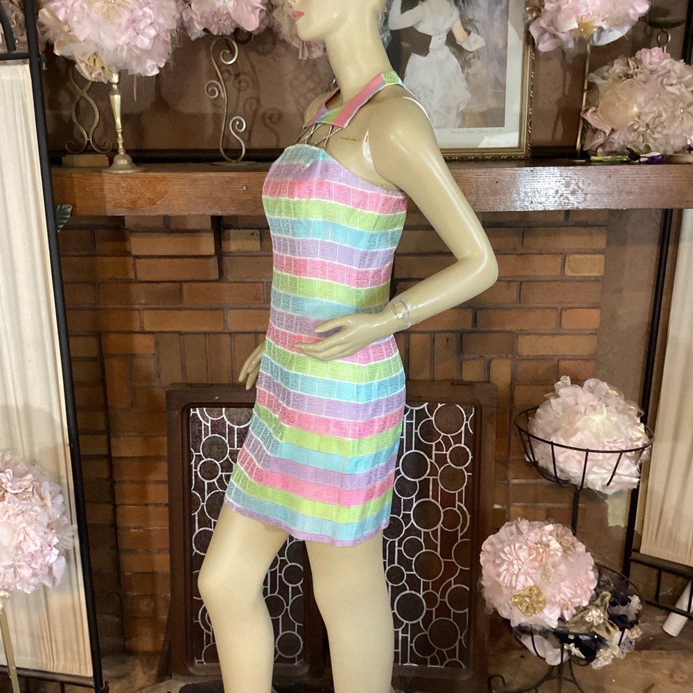 VINTAGE 1990'S CACHE MULTI-COLOR PASTEL W/RHINESTONE CUT OUTS SHEATH DRESS (2) - Picture 6 of 12